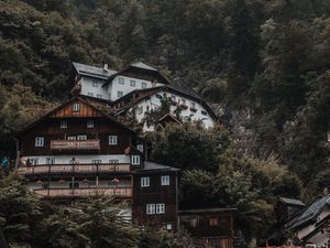 Preview wallpaper house, trees, mountain, slope, forest, building