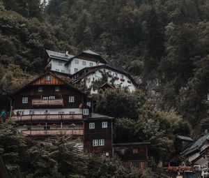 Preview wallpaper house, trees, mountain, slope, forest, building
