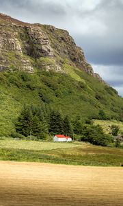 Preview wallpaper house, trees, mountain, slope, valley