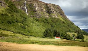 Preview wallpaper house, trees, mountain, slope, valley