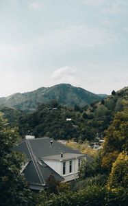 Preview wallpaper house, trees, mountains, nature, aerial view