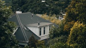 Preview wallpaper house, trees, mountains, nature, aerial view