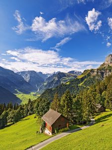 Preview wallpaper house, trees, mountains, valley, trail, landscape