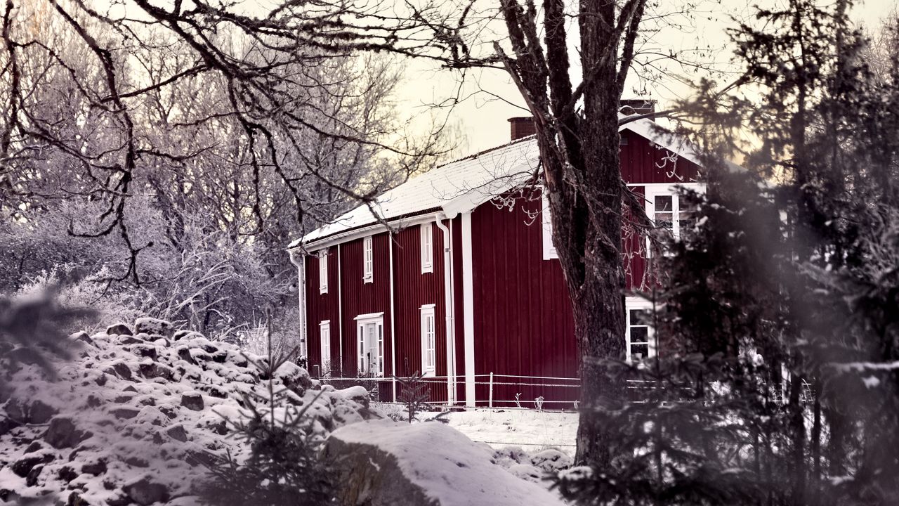 Wallpaper house, trees, snow, winter