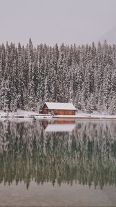 Preview wallpaper house, trees, snow, reflection, lake, landscape