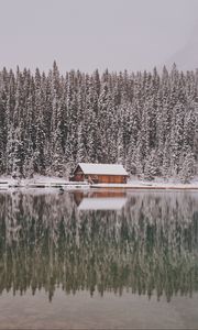 Preview wallpaper house, trees, snow, reflection, lake, landscape