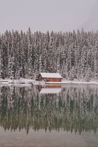 Preview wallpaper house, trees, snow, reflection, lake, landscape