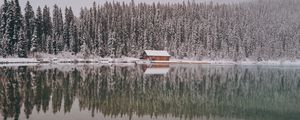 Preview wallpaper house, trees, snow, reflection, lake, landscape