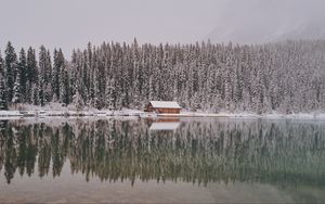 Preview wallpaper house, trees, snow, reflection, lake, landscape