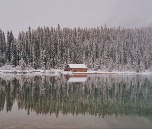 Preview wallpaper house, trees, snow, reflection, lake, landscape