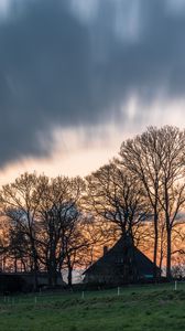 Preview wallpaper house, trees, sunset, sky, grass