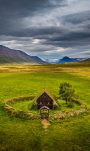 Preview wallpaper house, valley, meadow, mountains, landscape