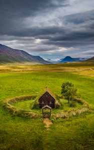 Preview wallpaper house, valley, meadow, mountains, landscape