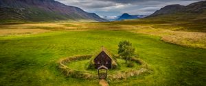 Preview wallpaper house, valley, meadow, mountains, landscape