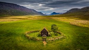 Preview wallpaper house, valley, meadow, mountains, landscape