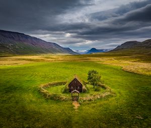 Preview wallpaper house, valley, meadow, mountains, landscape