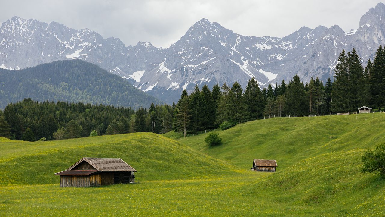 Wallpaper house, valley, meadow, trees, mountains, landscape