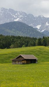 Preview wallpaper house, valley, meadow, trees, mountains, landscape