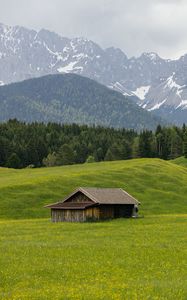 Preview wallpaper house, valley, meadow, trees, mountains, landscape