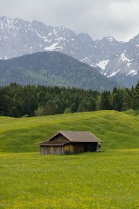 Preview wallpaper house, valley, meadow, trees, mountains, landscape