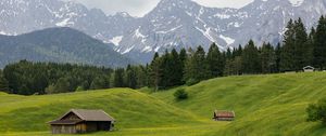 Preview wallpaper house, valley, meadow, trees, mountains, landscape