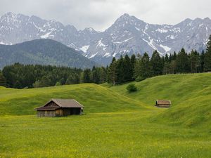 Preview wallpaper house, valley, meadow, trees, mountains, landscape
