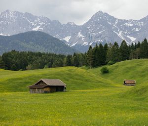 Preview wallpaper house, valley, meadow, trees, mountains, landscape