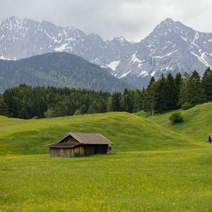 Preview wallpaper house, valley, meadow, trees, mountains, landscape