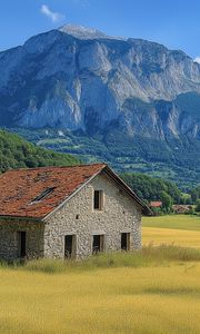 Preview wallpaper house, valley, mountains, nature, landscape