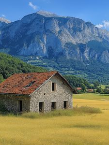 Preview wallpaper house, valley, mountains, nature, landscape