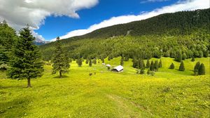 Preview wallpaper house, valley, trees, mountains, nature