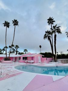 Preview wallpaper house, villa, palm trees, pool, pink