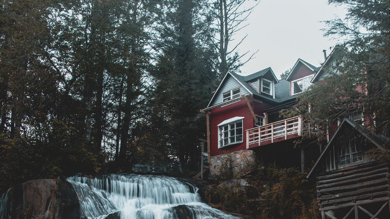 Wallpaper house, waterfall, building, forest