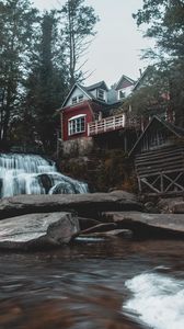 Preview wallpaper house, waterfall, building, forest