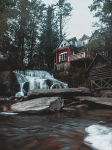 Preview wallpaper house, waterfall, building, forest