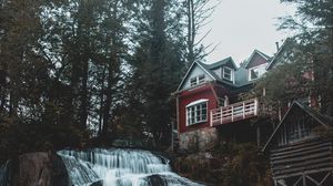 Preview wallpaper house, waterfall, building, forest