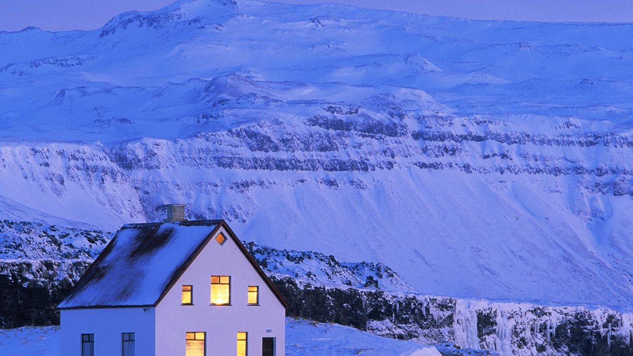Wallpaper house, white, snow, mountains, windows, light