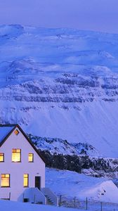 Preview wallpaper house, white, snow, mountains, windows, light