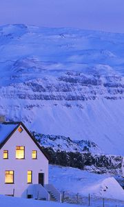 Preview wallpaper house, white, snow, mountains, windows, light