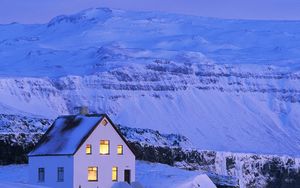 Preview wallpaper house, white, snow, mountains, windows, light