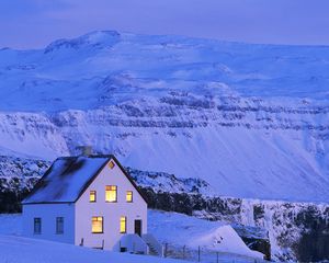 Preview wallpaper house, white, snow, mountains, windows, light