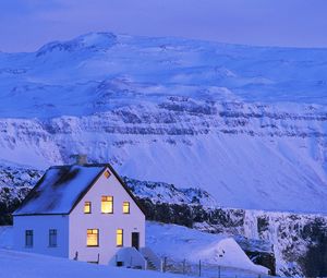 Preview wallpaper house, white, snow, mountains, windows, light