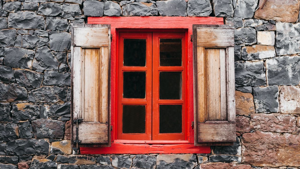 Wallpaper house, window, bushes, stone