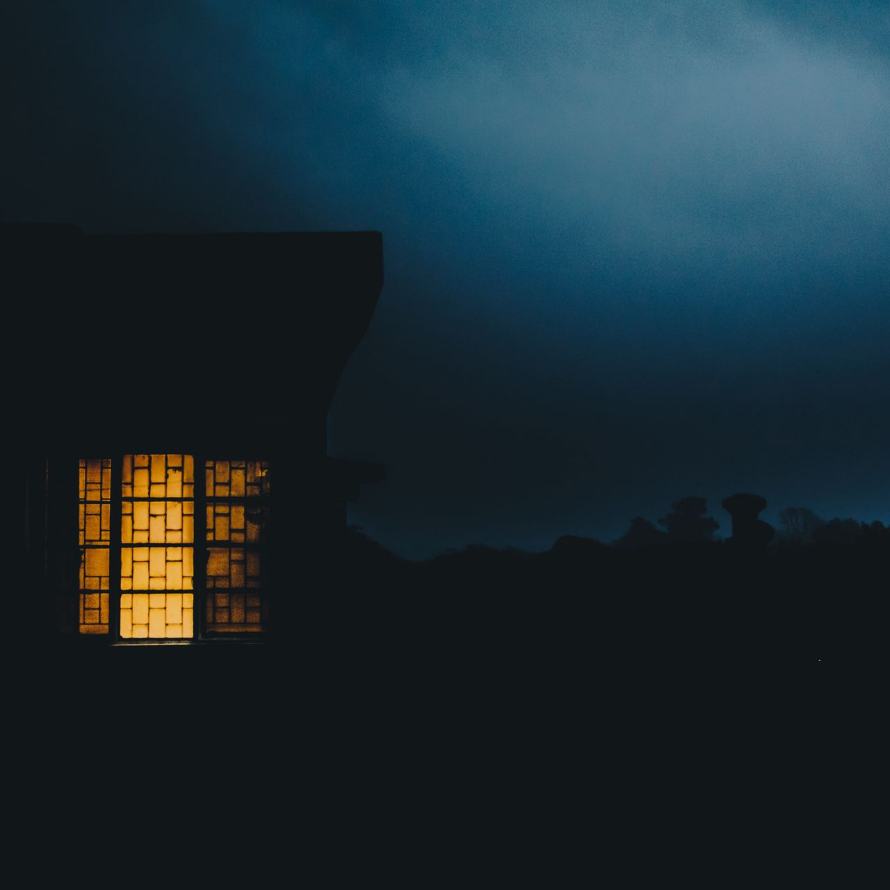 1280x1280 Wallpaper house, window, haze, dusk, dark, evening, light