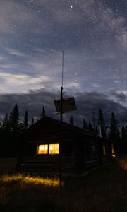 Preview wallpaper house, window, starry sky, night, trees