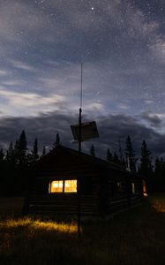 Preview wallpaper house, window, starry sky, night, trees