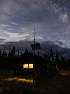Preview wallpaper house, window, starry sky, night, trees
