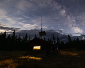 Preview wallpaper house, window, starry sky, night, trees
