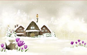 Preview wallpaper house, winter, drawing, snow, flowers