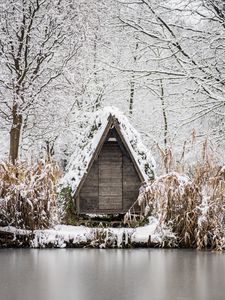 Preview wallpaper house, winter, river, snow, snowy